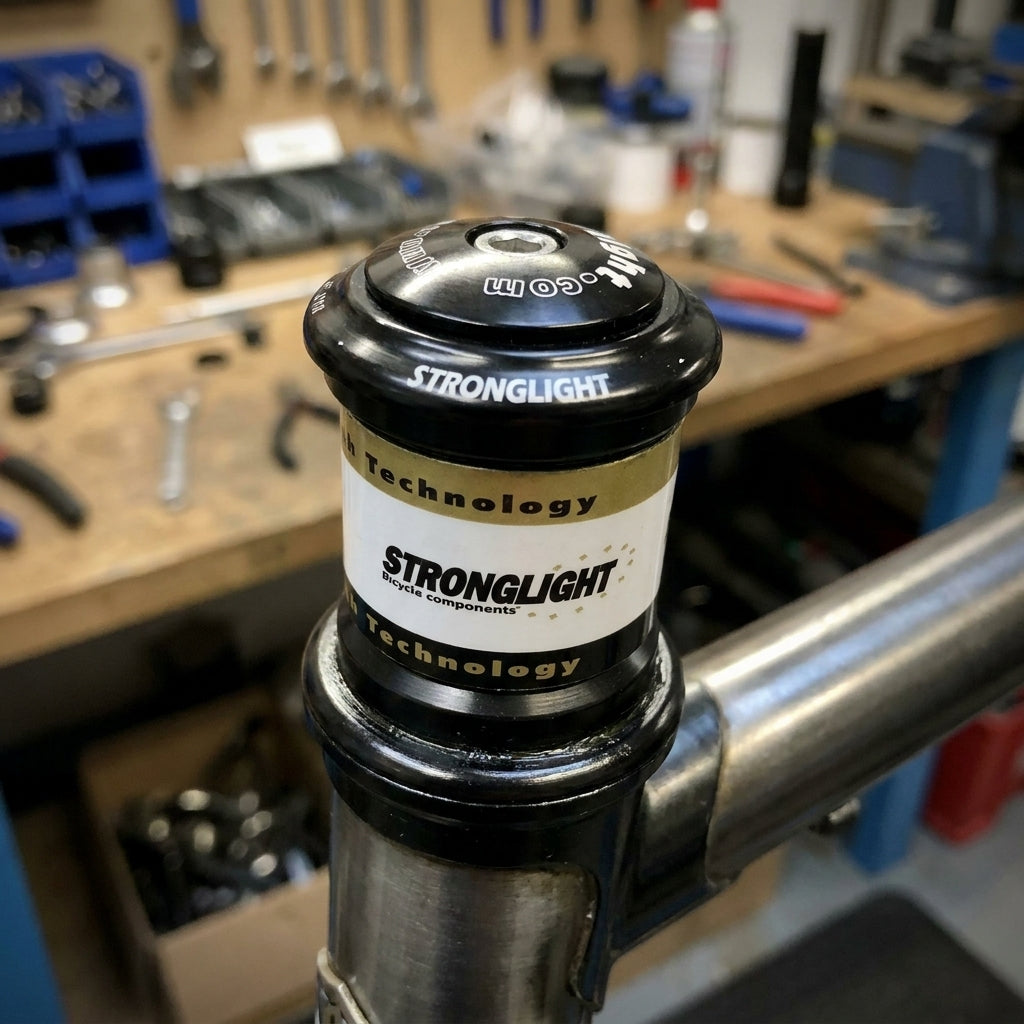 Stronglight RAZ Steel semi-integrierter Steuersatz 1 1/8 schwarz am Fahrradrahmen in der Werkstatt.