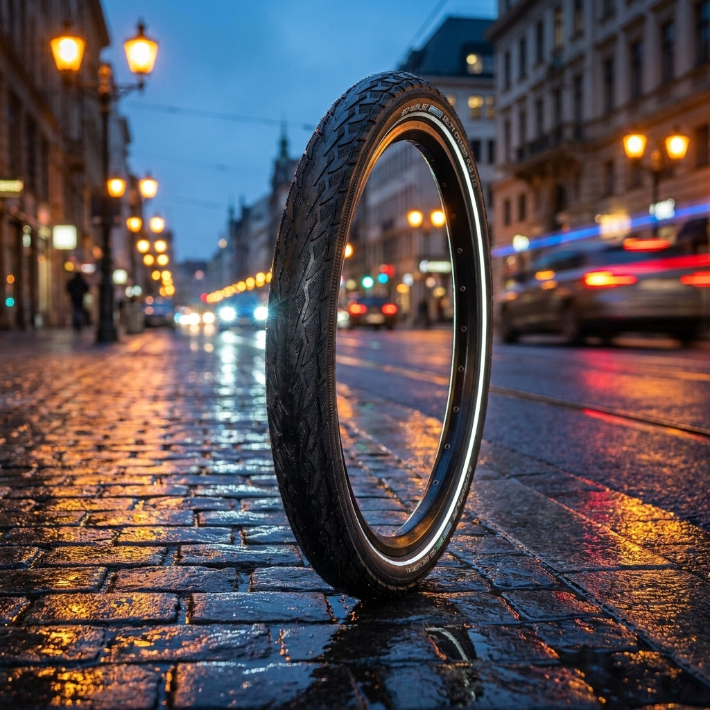 Schwalbe Delta Cruiser Plus Fahrradreifen schwarz Reflex auf nasser Straße bei Nacht.