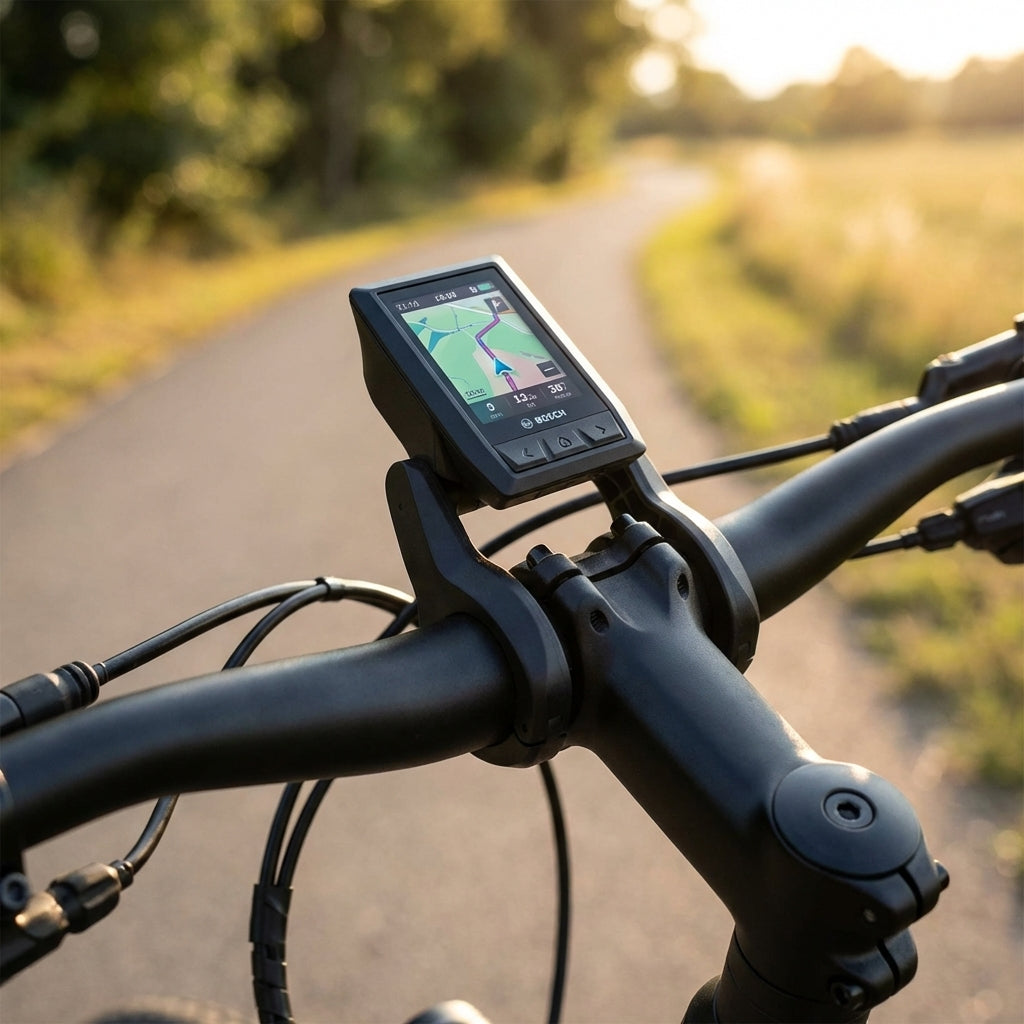 Ergotec Bosch Kiox Display Halter 31,8mm Lenkerklemmung auf schwarzem Fahrradlenker mit Navigationsanzeige.