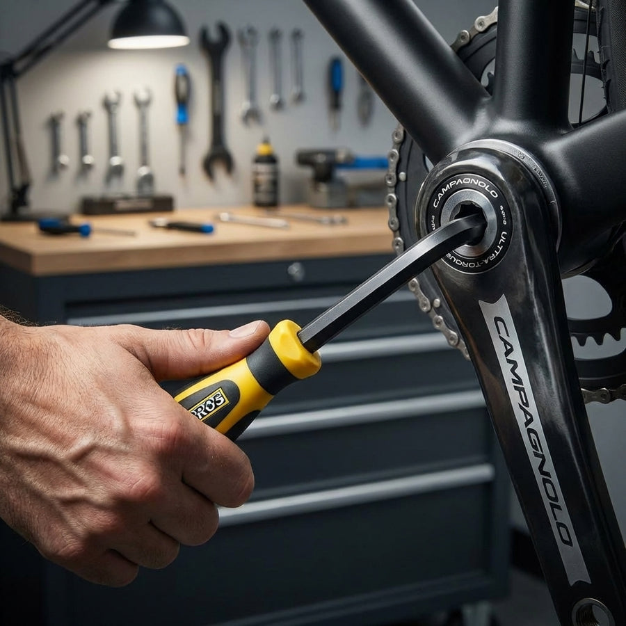 Hand benutzt Pedros 10mm Innensechskantschlüssel an Campagnolo Fahrradkurbel.