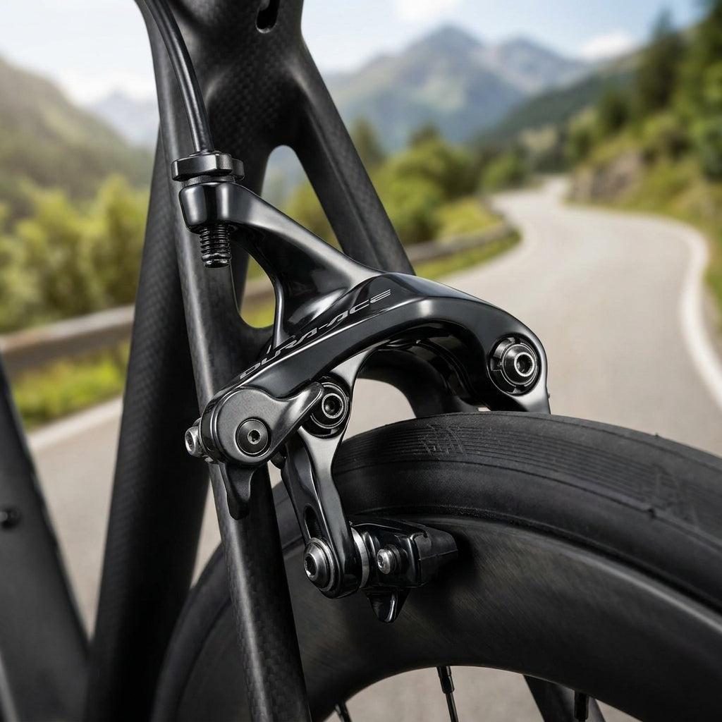 Shimano Dura-Ace BR-R9210 Seitenzugbremse am Hinterrad eines Rennrads, Carbonrahmen, Bergstraße im Hintergrund.