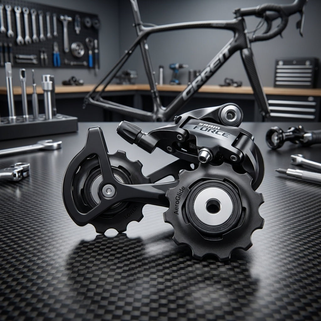 SRAM Force 22 & Rival 22 Schaltrollen-Set für Rennrad, präzise Schaltperformance auf Carbon-Tisch.