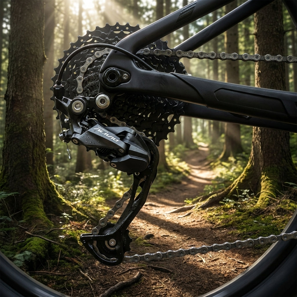 SHIMANO ALIVIO RD-M3100 9-fach Schaltwerk Lang Direktmontage am Mountainbike im sonnigen Wald auf einem Trail.