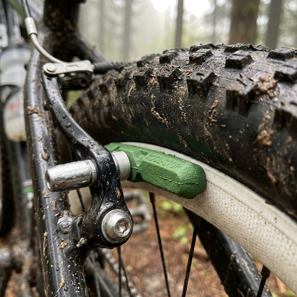 Grüner Kool Stop RE196KS Felgenbremsbelag an der Felge eines schlammigen Mountainbikes.