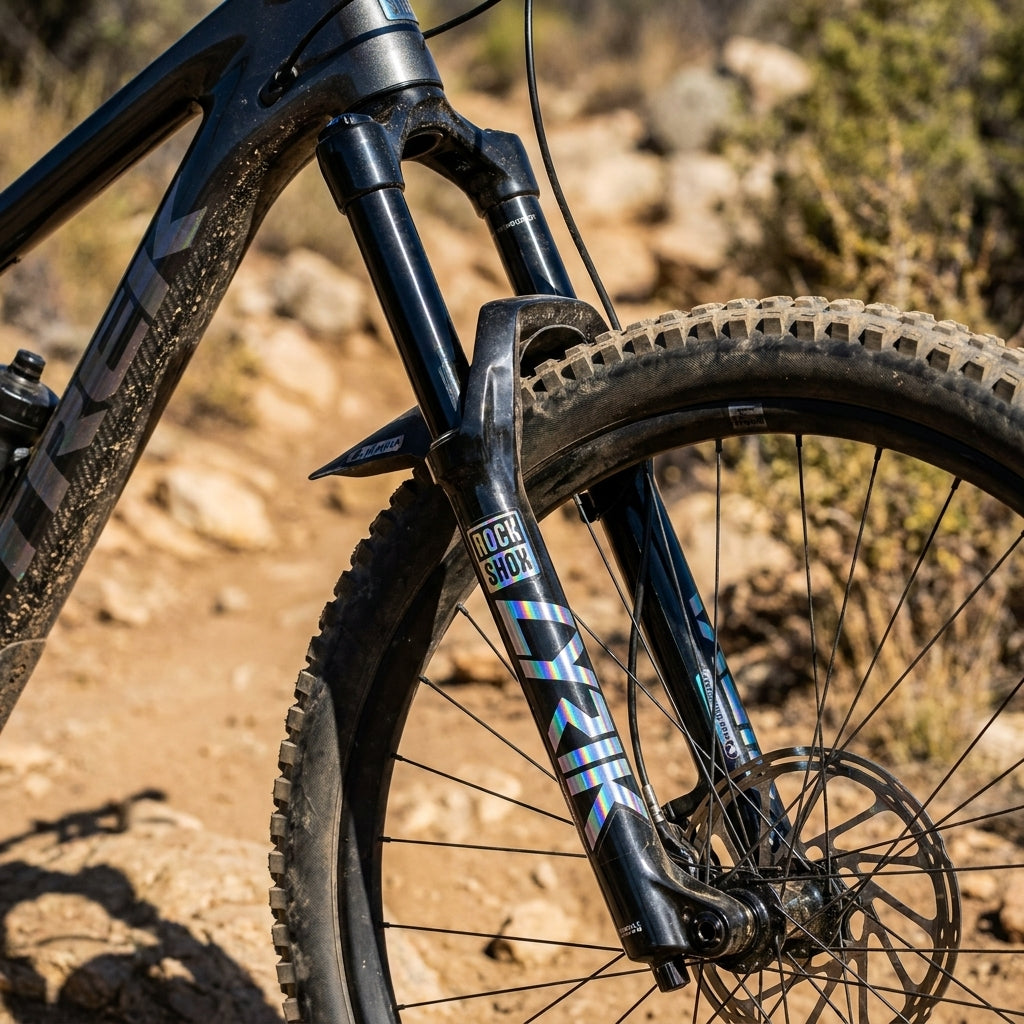 RockShox Lyrik Ultimate Gabel Decal-Kit Regenbogen-Folie auf Mountainbike im Gelände.