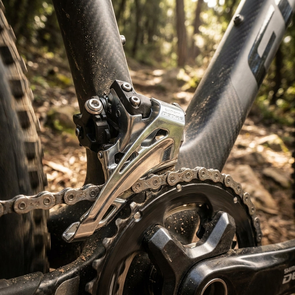 Shimano Deore Umwerfer FD-M6025 E-Type 2x10 Top Swing Down Pull am Mountainbike für präzise Frontschalt-Performance.
