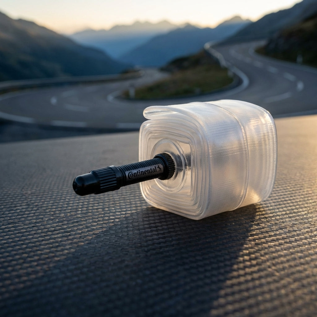 Continental TPU-Schlauch ultraleicht für Road, Gravel & MTB auf Carbon mit Bergpanorama.