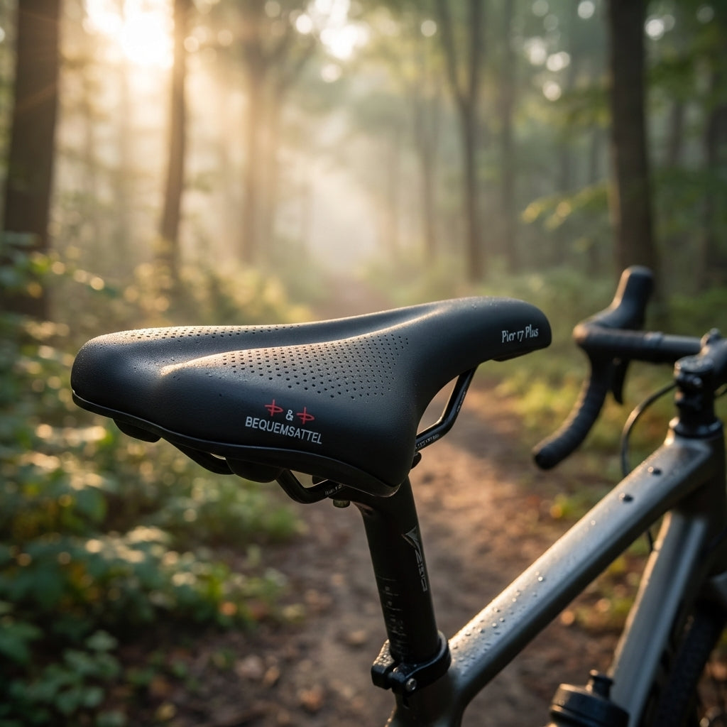 P&P Bequemsattel Pier 17 Plus 517P schwarz Uni 280x165mm am Fahrrad im sonnigen Wald bei Sonnenaufgang.