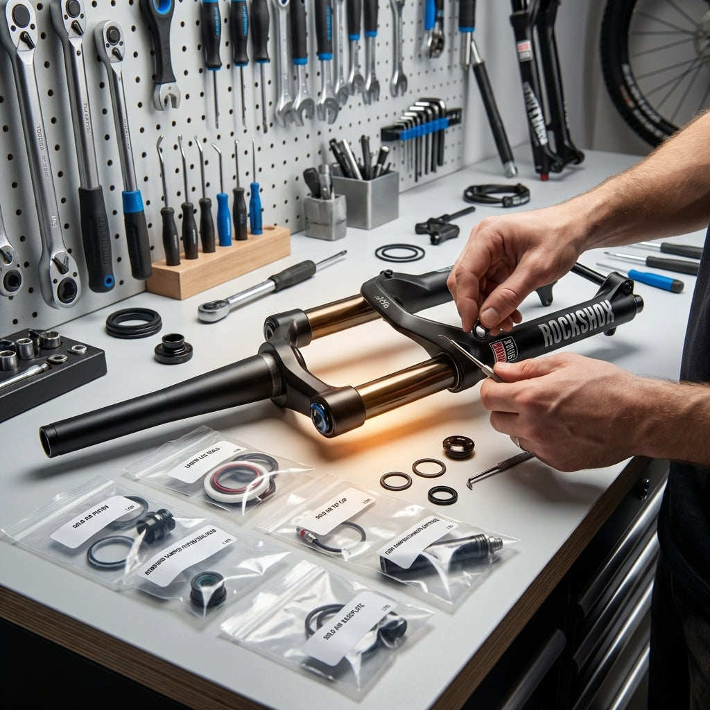 RockShox Service Kit Full-Pike SA Upgrade 11.4018.027.003: Mann wartet Federgabel in Fahrradwerkstatt.