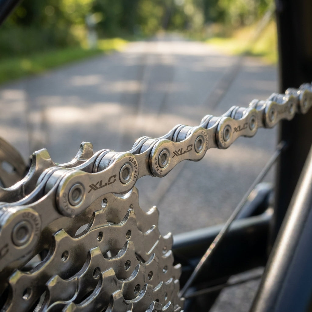 XLC Kette CC-C04 11-fach silber am Fahrrad mit Kassette auf Straße.
