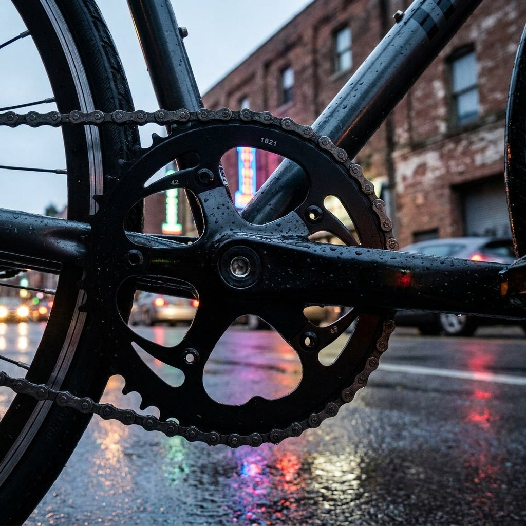 Truvativ Kettenblatt 42 Zähne Stahl schwarz für Single Speed Fixie Urban Bike, im Regen auf nasser Straße.