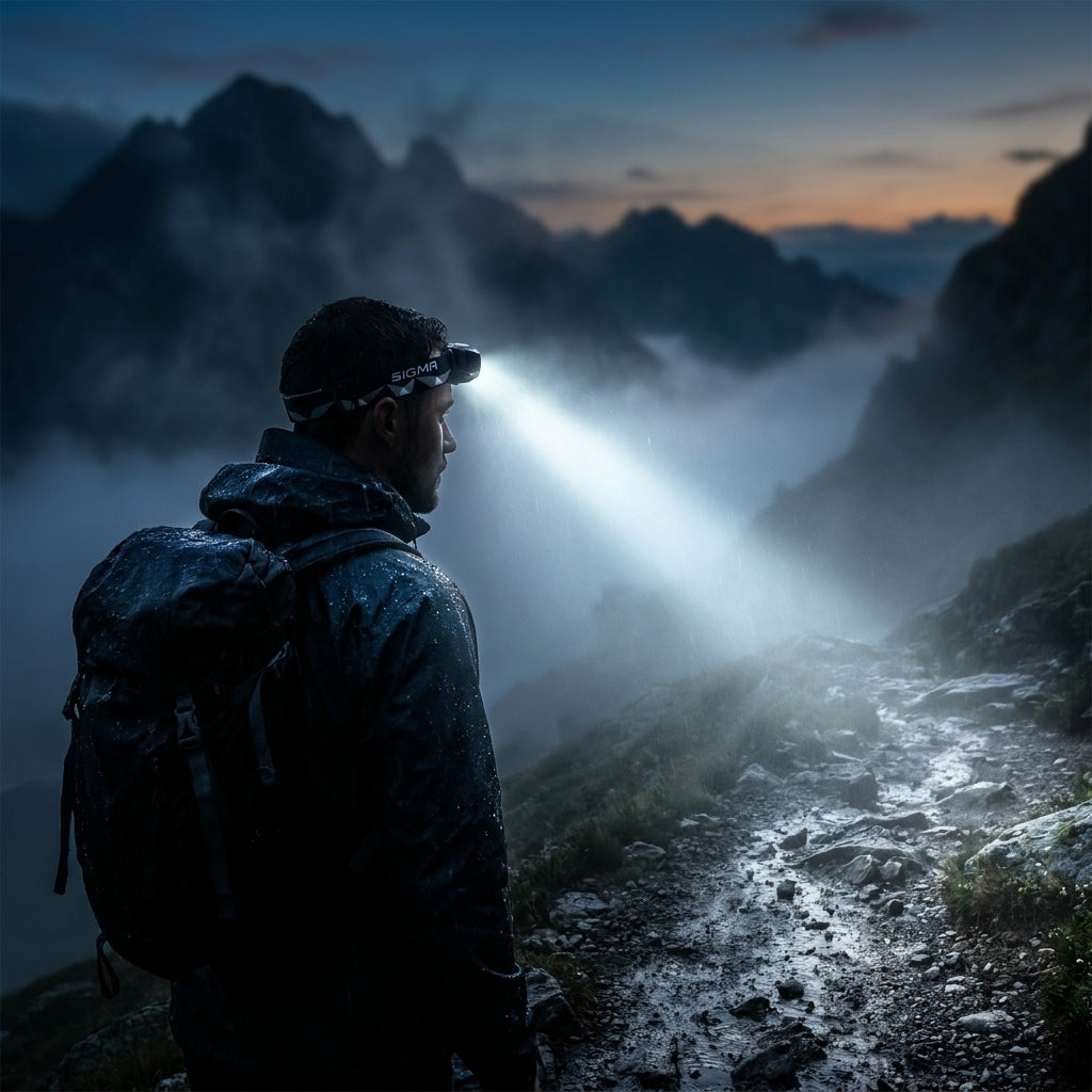 Sigma Headled II LED Stirnlampe, schwarz, aufladbar. Ideal für Outdoor, Camping, Wandern, Laufen und Arbeiten. Spritzwassergeschützt.