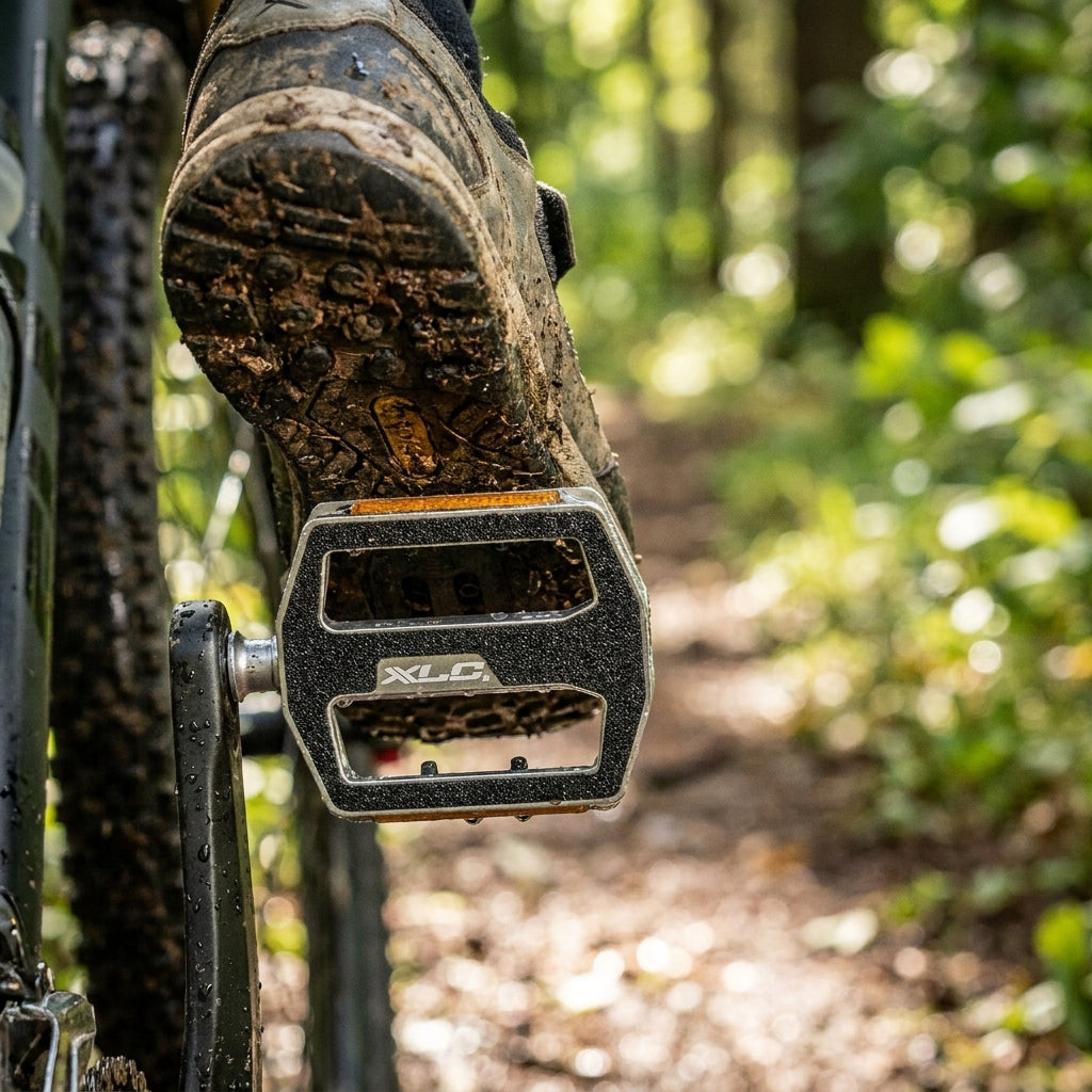 XLC Grip-Tape auf Mountainbike-Pedal mit schlammigem Schuh auf Waldweg, passend für PD-M21.