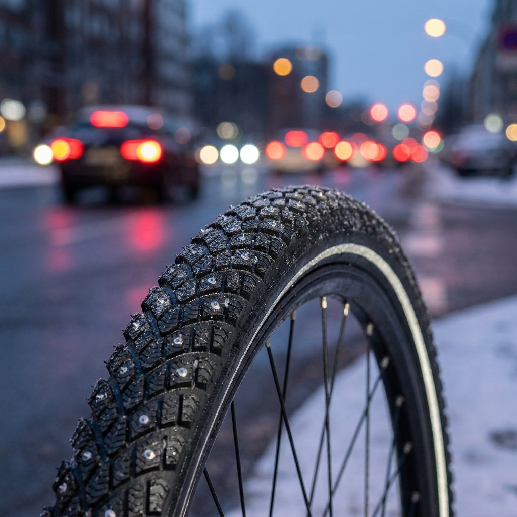XLC SpikeX120 28" Fahrradreifen schwarz mit Spikes & Reflexstreifen auf winterlicher Straße im Schnee.