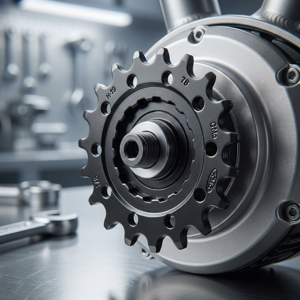 Schwarzes KMC Ritzel 1/8" 19 Zähne an einem Bosch E-Bike Motor in Werkstatt-Umgebung.