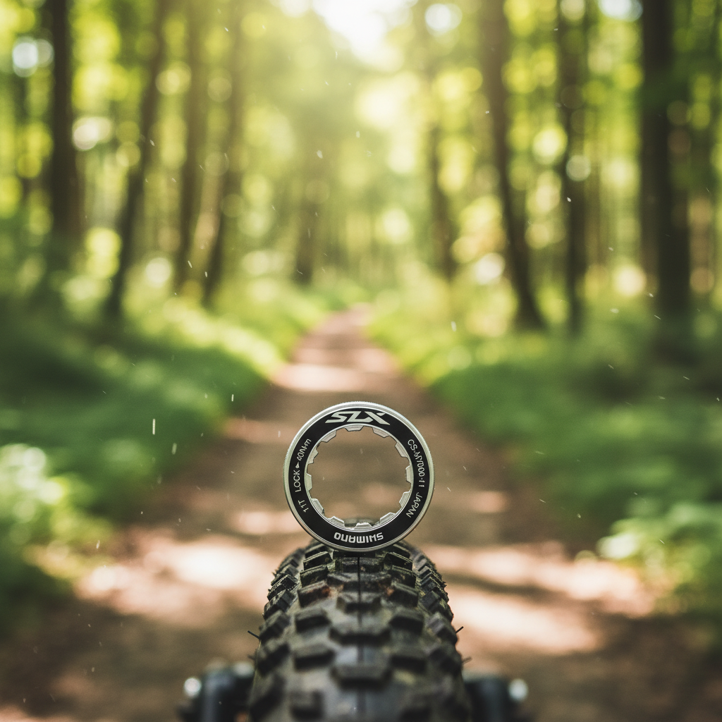 Shimano CS-M4100 Verschlussring für Kassette auf Fahrradreifen. Lockring im sonnigen Wald.
