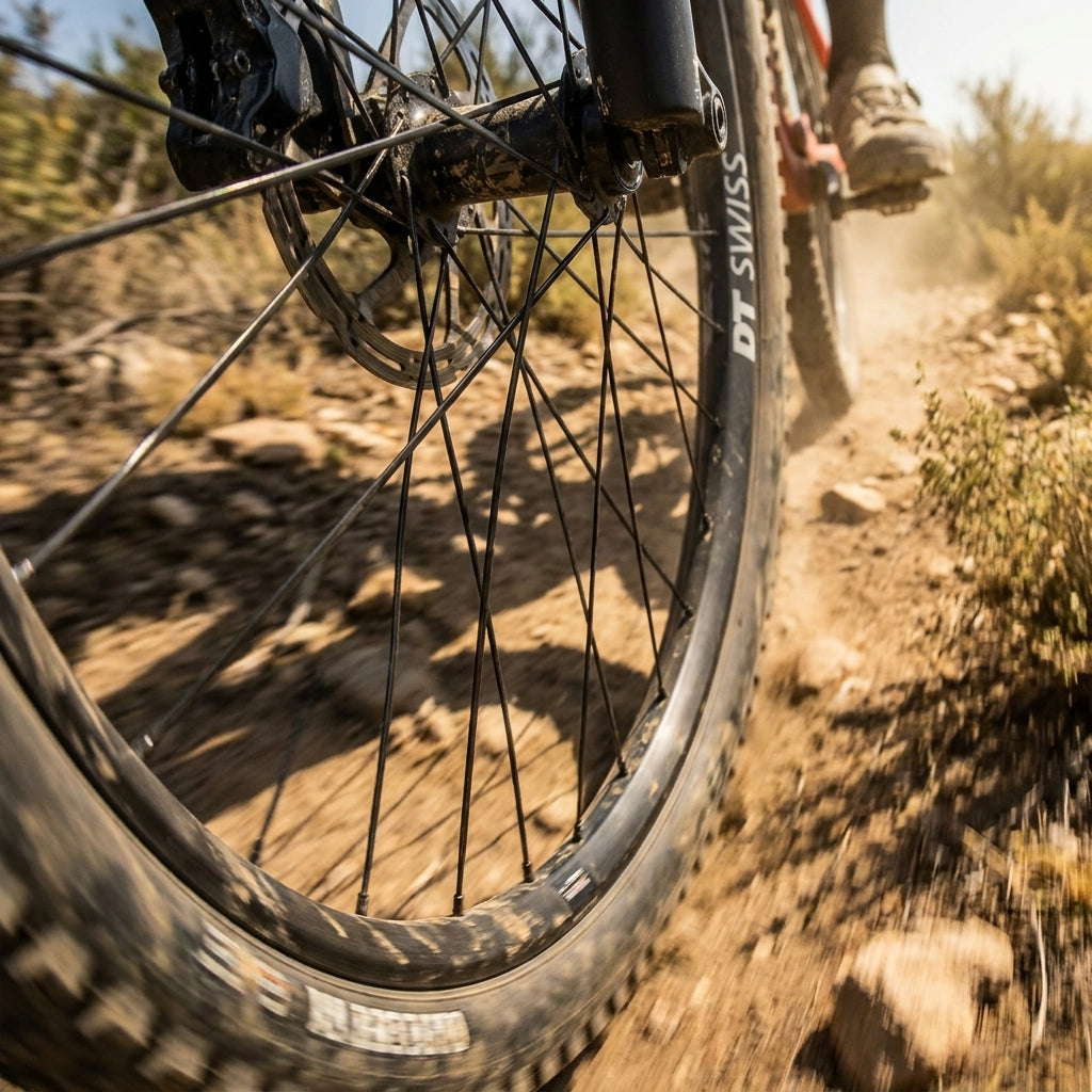 DT Swiss Mountainbike-Rad mit schwarzen Speichen auf staubigem Trail.