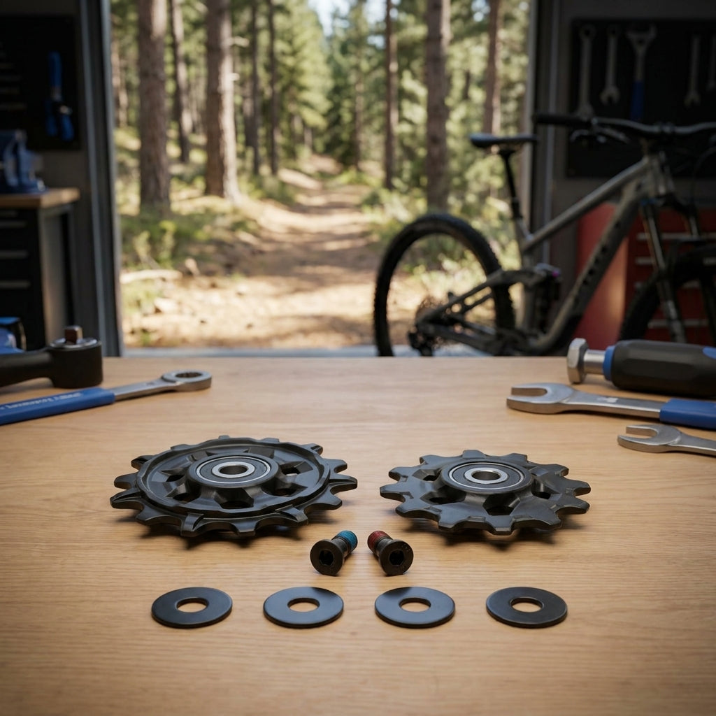 SRAM GX Eagle 12-fach Schaltrollen-Set mit Werkzeug auf Werkbank, Mountainbike und Waldweg im Hintergrund.