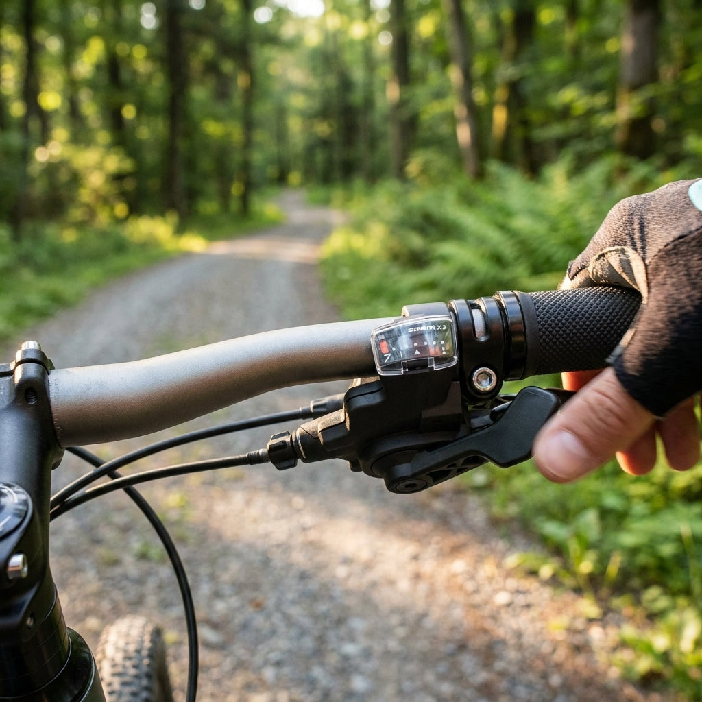 SRAM Trigger X.3 7-fach Schalthebel am Lenker eines Trekkingrads. Präzise, zuverlässige Gangschaltung für Freizeit und Alltag.