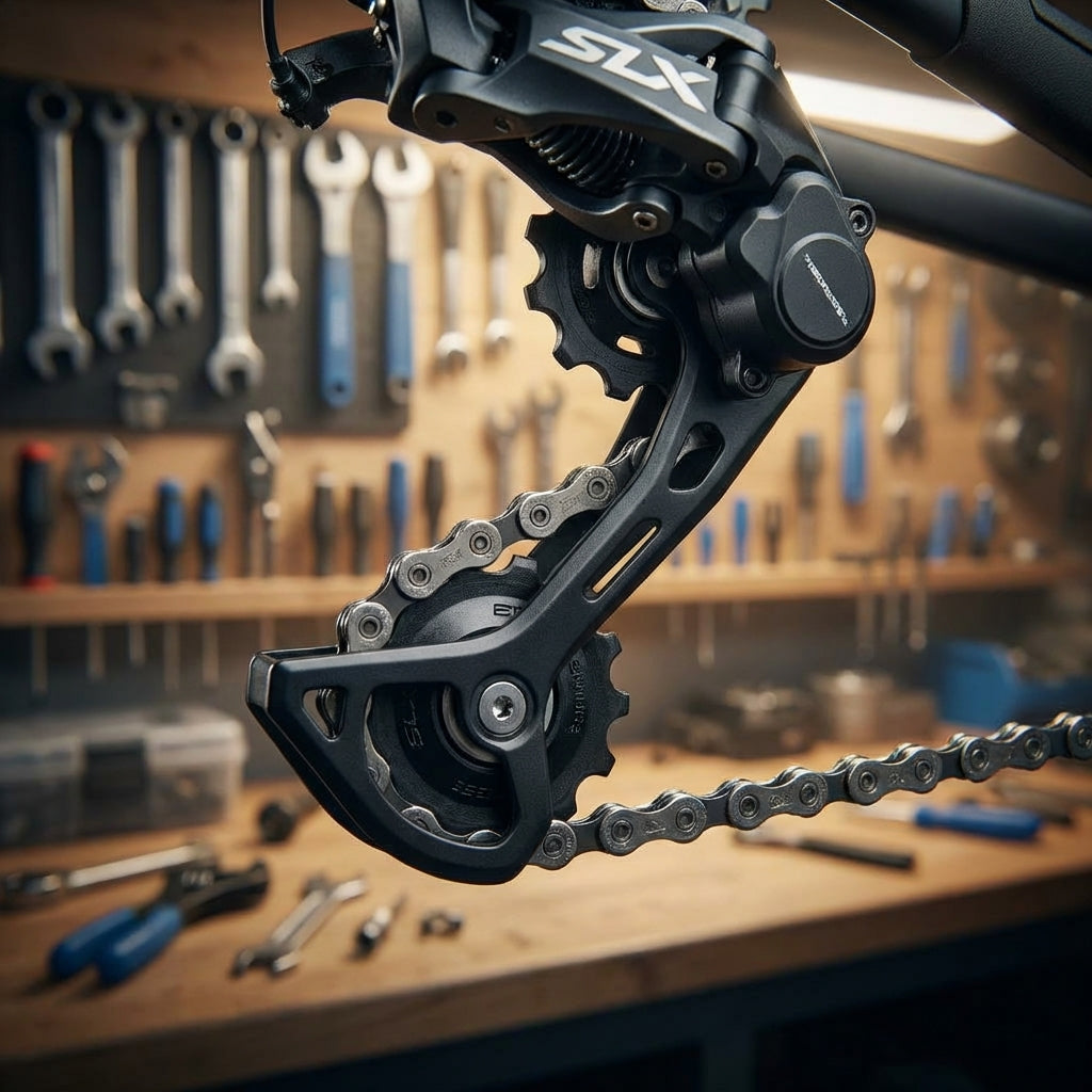 Shimano SLX Schaltrollensatz für Deore RD-M675 RD-M670 RD-M663 am Schaltwerk montiert in einer Fahrradwerkstatt.