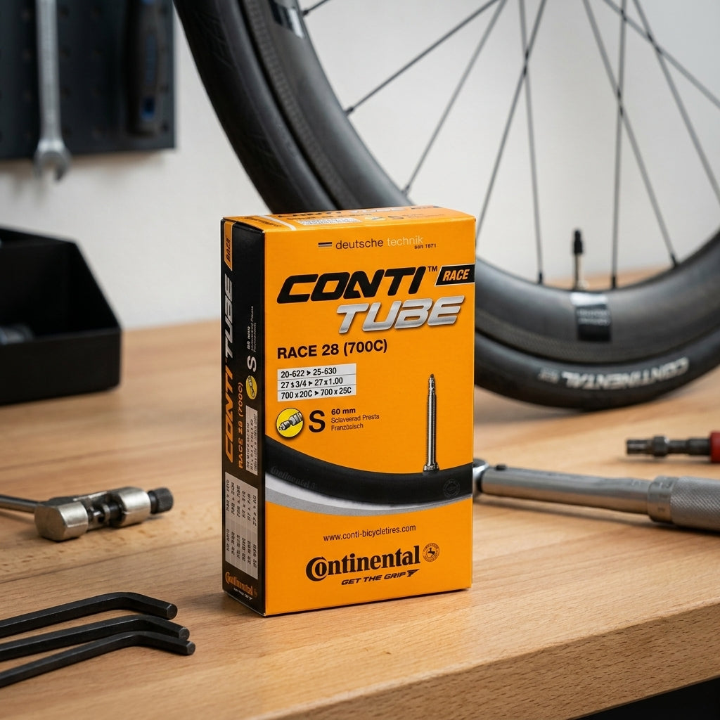 Continental Schlauch Conti Race 26 SV 60mm auf Holztisch mit Fahrradrad und Werkzeug.