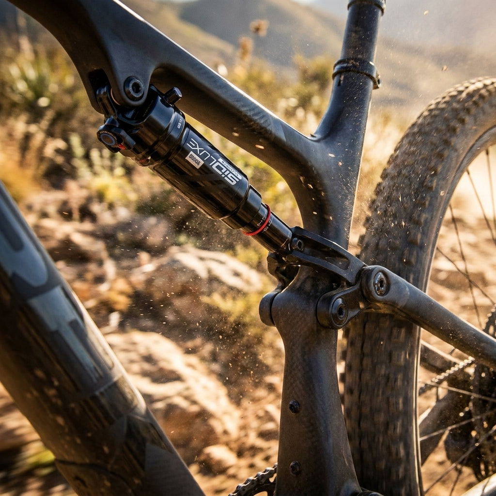 Rockshox SIDLuxe Ultimate Dämpfer am Mountainbike-Hinterbau in staubigem Gelände.