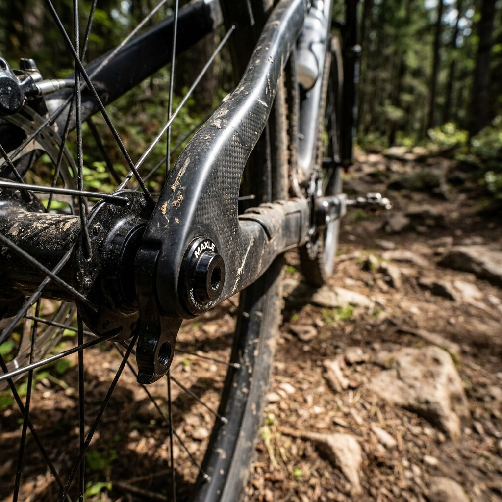 SRAM Maxle Stealth Steckachse am schmutzigen Mountainbike-Hinterrad auf Waldtrail – steif und leicht.