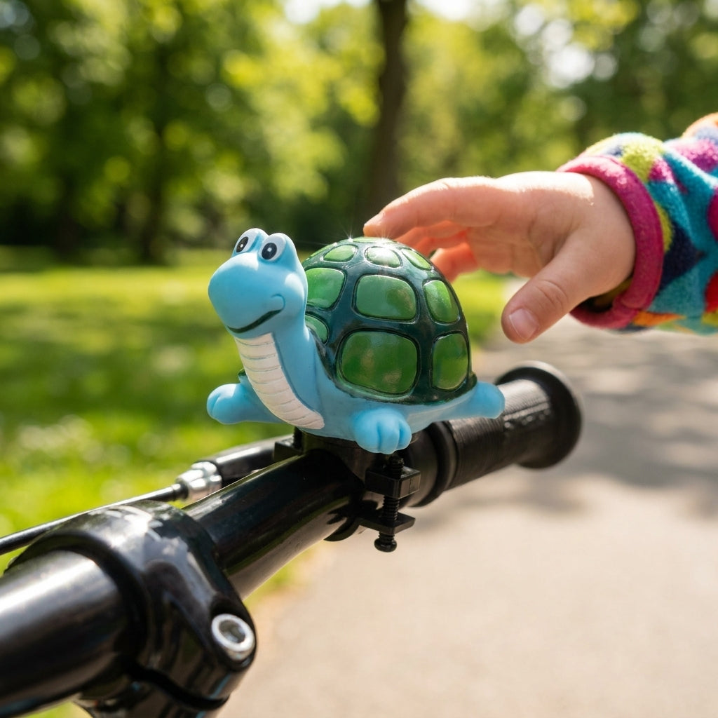 XLC Kinderhorn Schildkröte blau-grün am Fahrradlenker, Kind streichelt sie im Park.