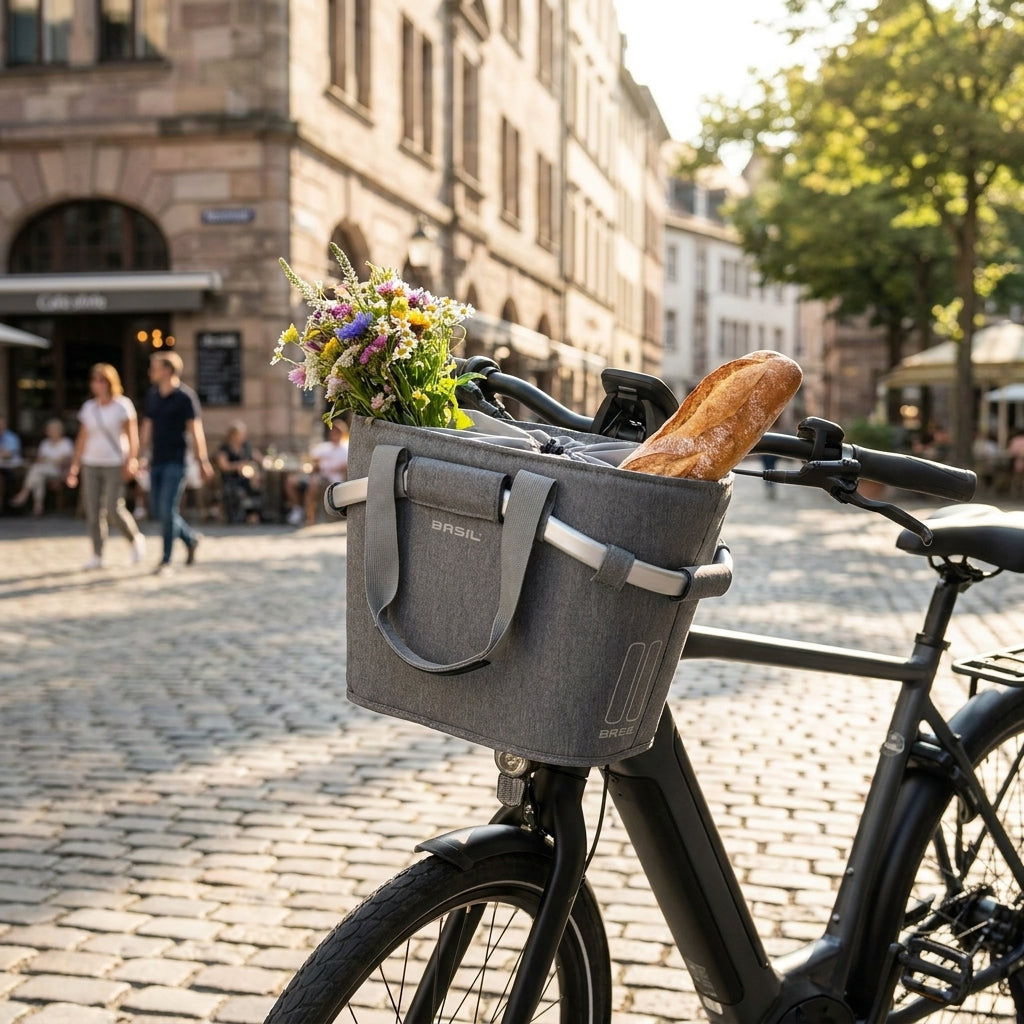 Basil CarryAll Front Fahrradkorb grau. Abnehmbare City Tasche für Lenker, leicht und stylisch. Ideal für Einkauf und Pendeln.