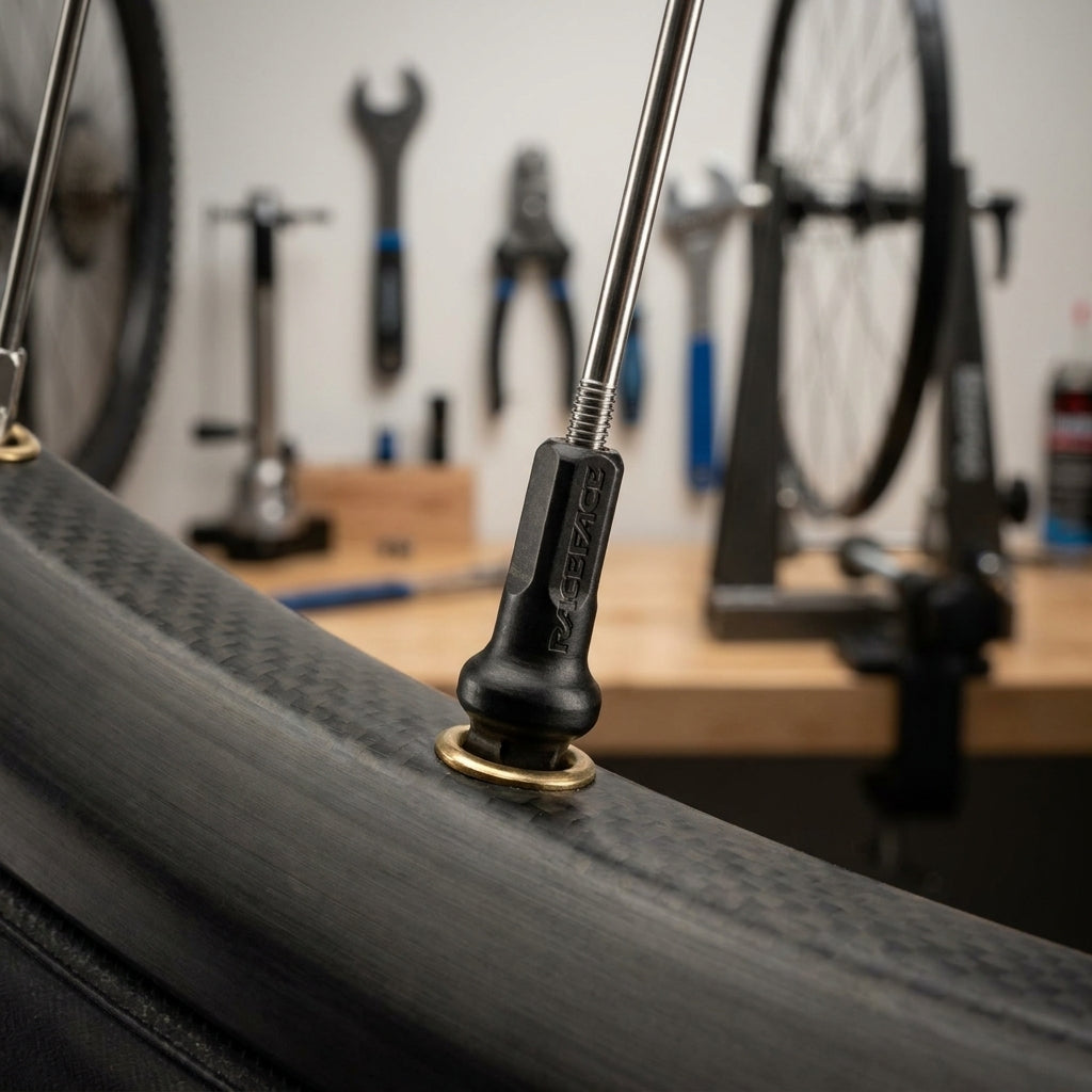 Schwarzer Race Face Speichennippel wird an Carbon-Fahrradfelge für präzise Laufrad-Abstimmung montiert.