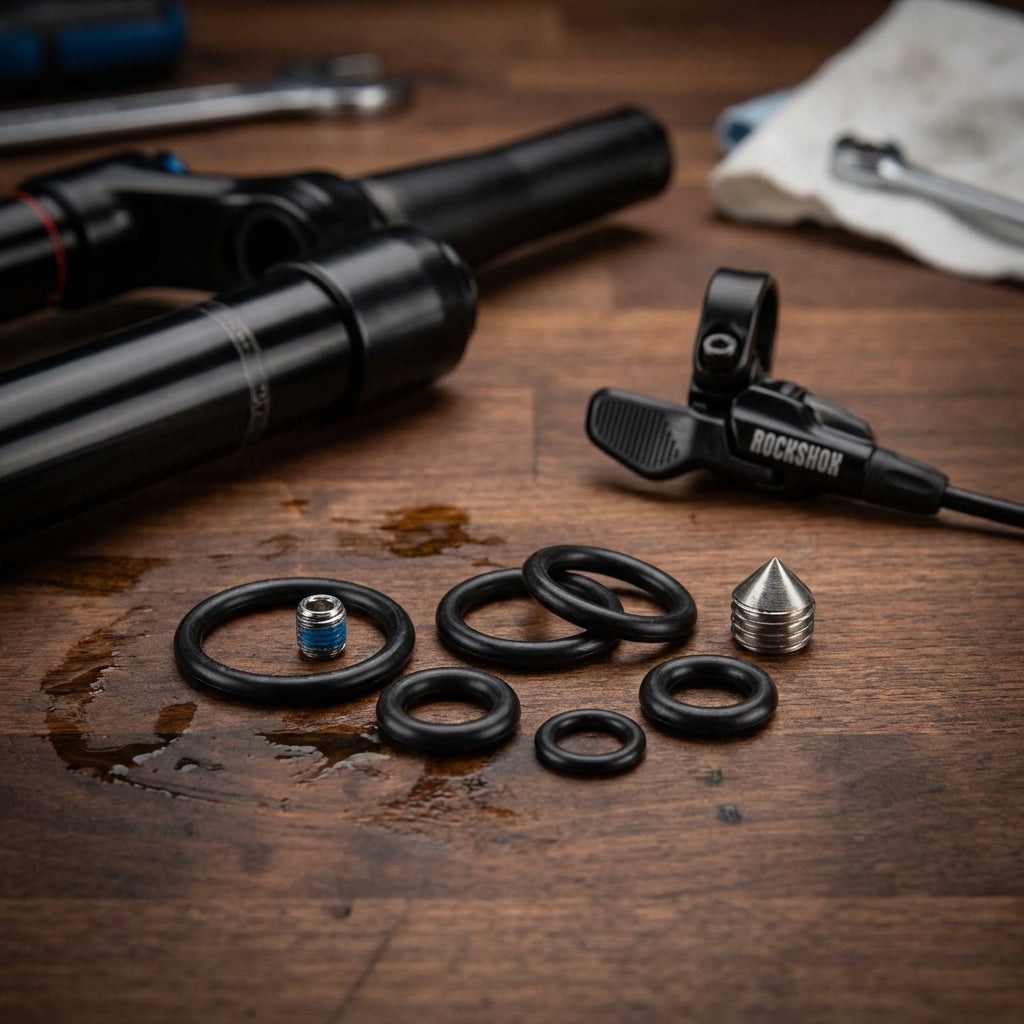 Rockshox Xloc Remote Service Kit 11.4315.019.000 für Lenkerremote mit O-Ringen, Schraube und Kappe auf Holztisch.