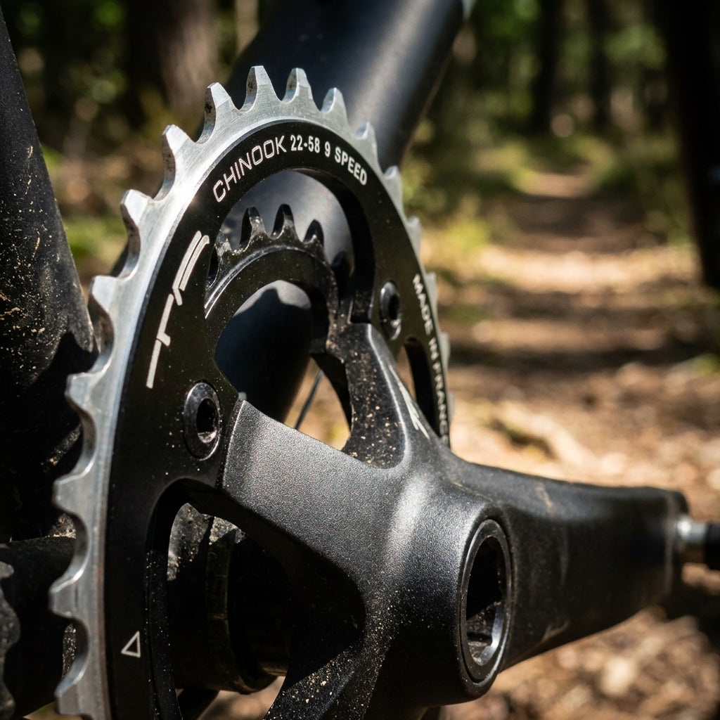 TA Chinook Kettenblatt 28Z schwarz an Fahrradkurbel im Wald. Detailaufnahme des Mountainbike-Antriebs mit Schmutz.