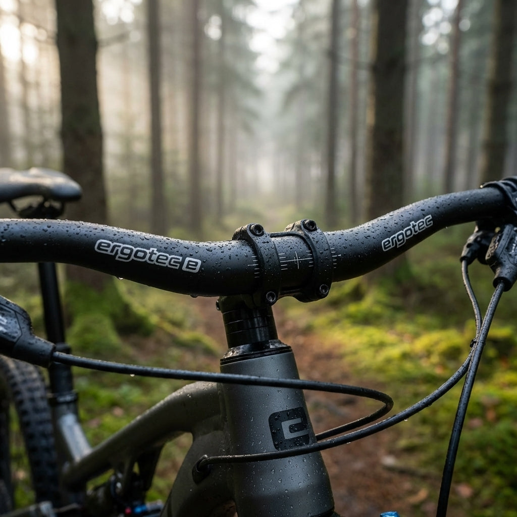 Ergotec Low Riser Lenkerbügel schwarz matt am Mountainbike im nebligen Wald mit Wassertropfen.
