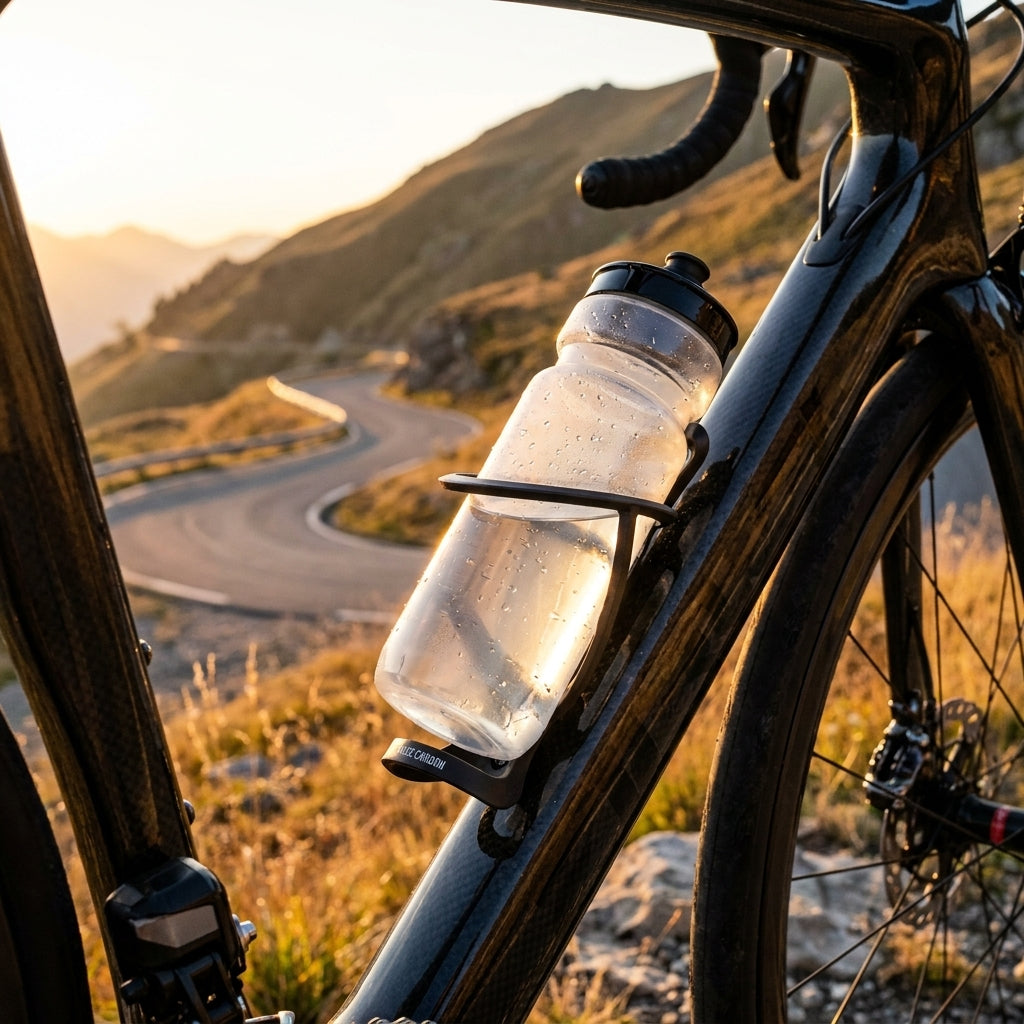 Elite T-Race Carbon Flaschenhalter schwarz am Fahrrad mit Wasserflasche auf Bergstraße bei Sonnenuntergang.