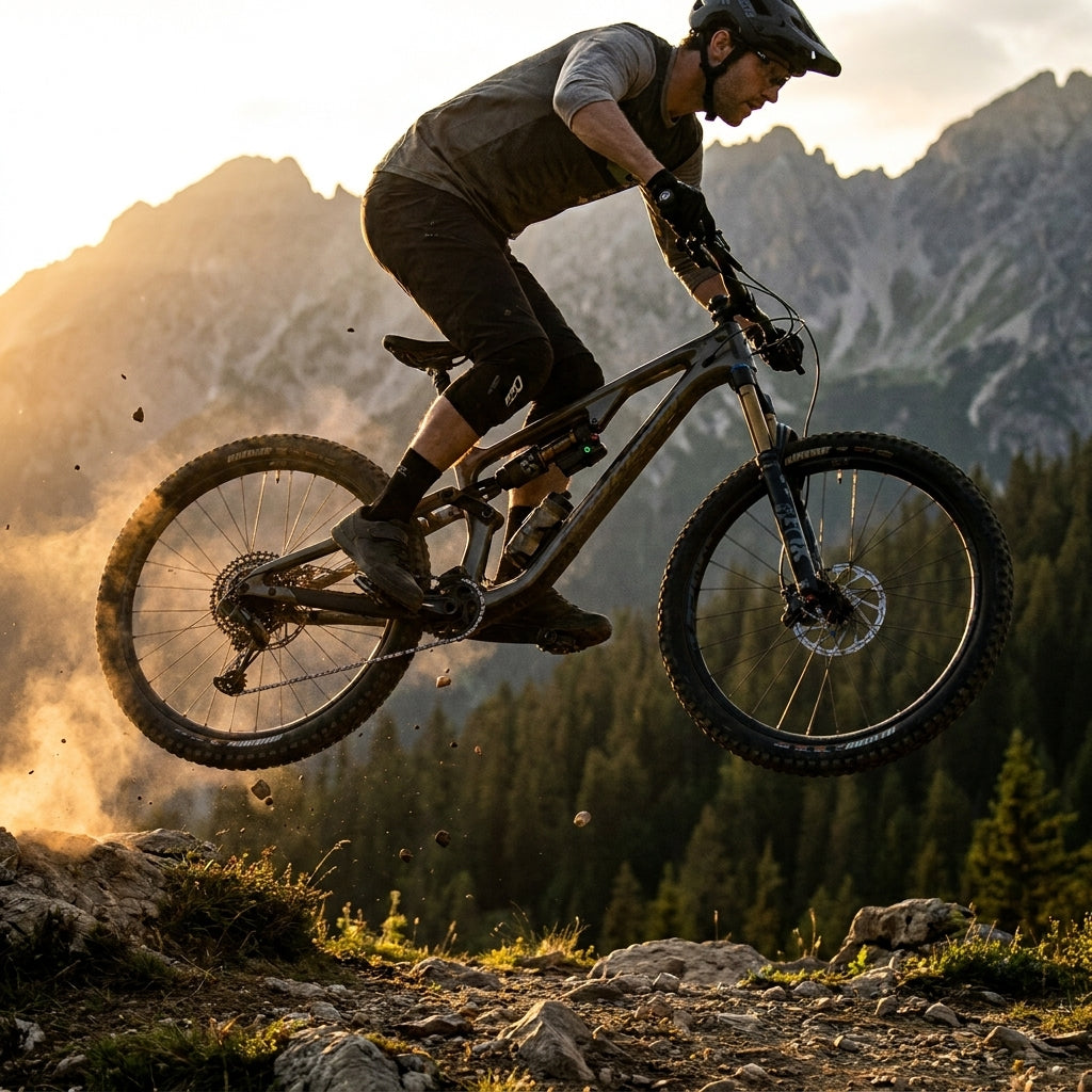 Mountainbiker springt mit FOX Float X Factory Live Valve Neo Luftdämpfer für maximale Kontrolle im Gelände.