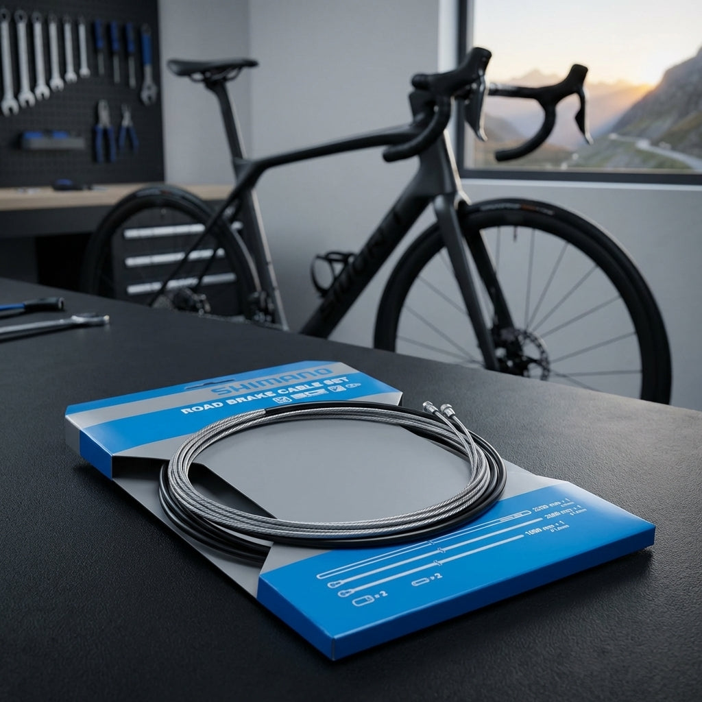 Shimano Bremszug-Set Road Edelstahl in Originalverpackung auf einer Werkbank vor einem schwarzen Rennrad.