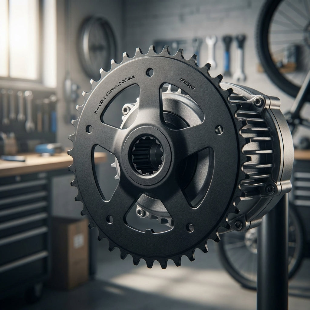 FSA E-Bike Kettenblatt Megatooth 40 Zähne schwarz an Bosch Gen3 Motor in Fahrradwerkstatt.