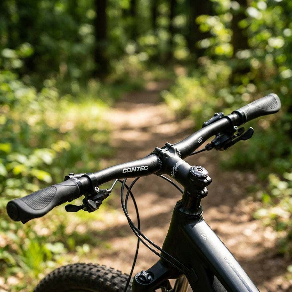 Schwarzer Contec Moab Fahrradlenker auf einem Mountainbike im Wald. Ø 25.4 mm, 680 mm, Rise 25 mm, 8°.
