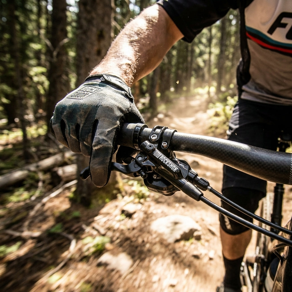 Hand am Mountainbike-Lenker mit RockShox Xloc Remote Hebel auf einem Waldweg.
