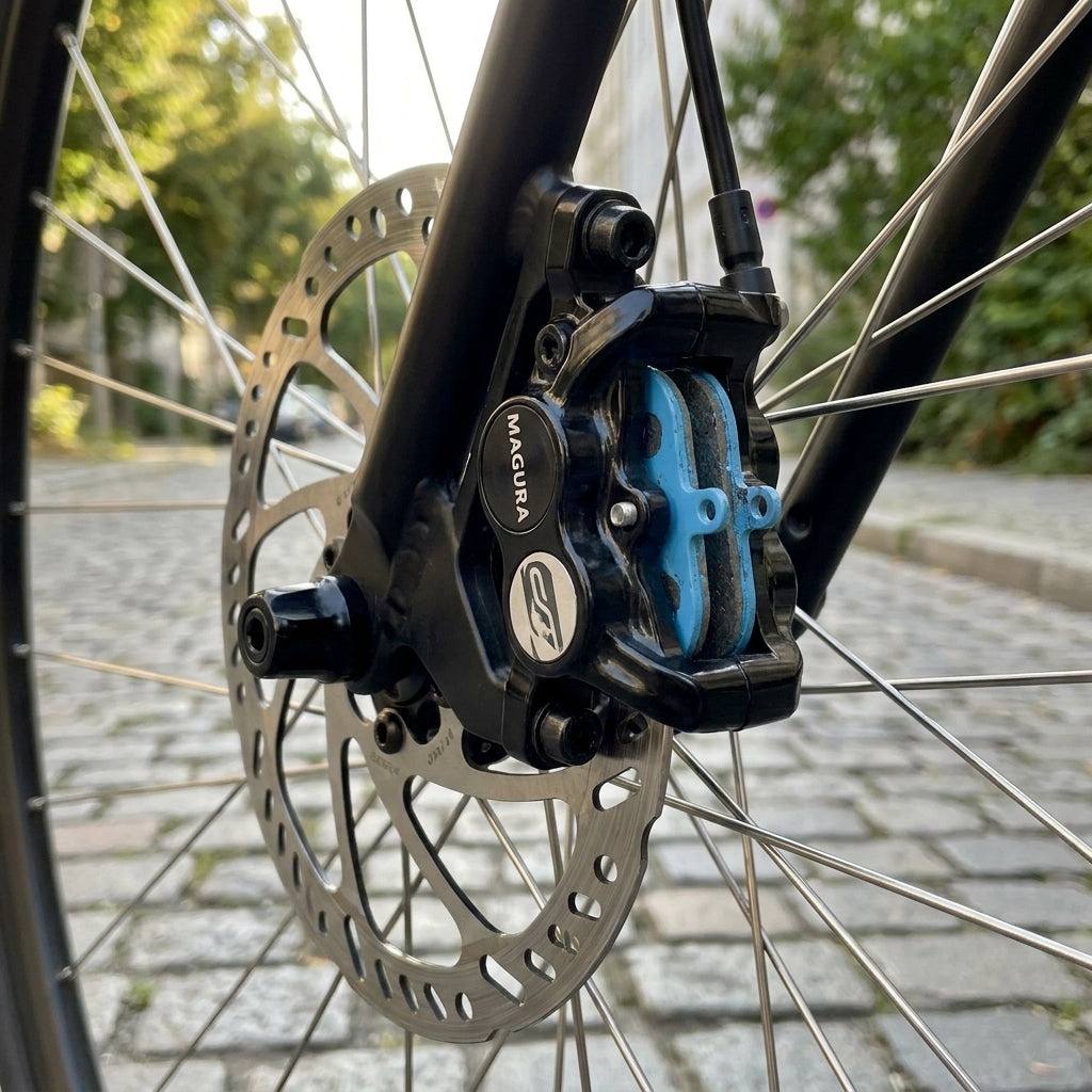 Contec CBP-130 organische Scheibenbremsbeläge in Blau an Magura Fahrrad-Disc-Bremse am Vorderrad.