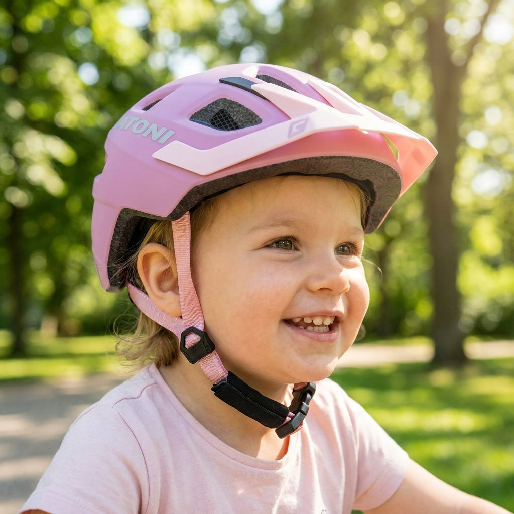 Cratoni Maxster Pro Kid Kinderfahrradhelm blush rosa matt XS/S 46-51cm, getragen von lachendem Kind.