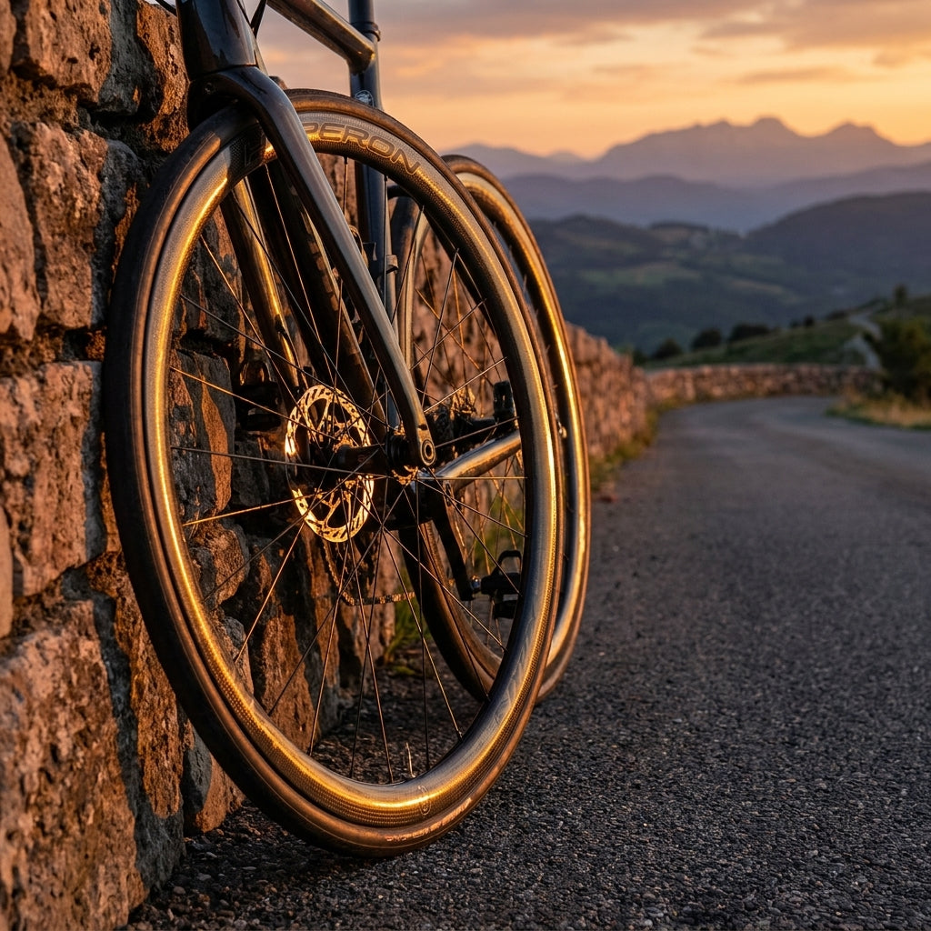 Campagnolo Hyperon 28 Zoll Laufradsatz mit Scheibenbremse im Sonnenlicht an Steinmauer.