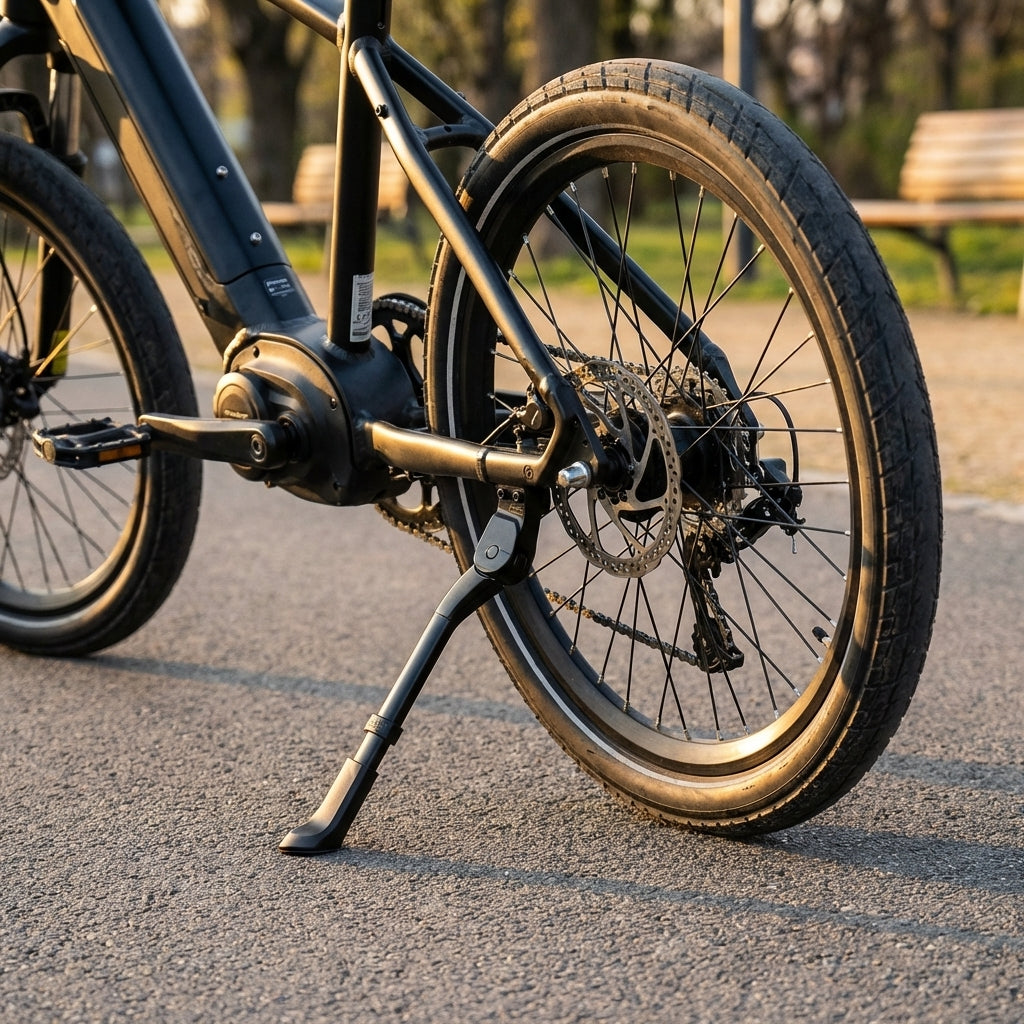Schwarzer URSUS King Mini Hinterbauständer an E-Bike, verstellbar für 16-24 Zoll, Aluminium, belastbar bis 35 kg.