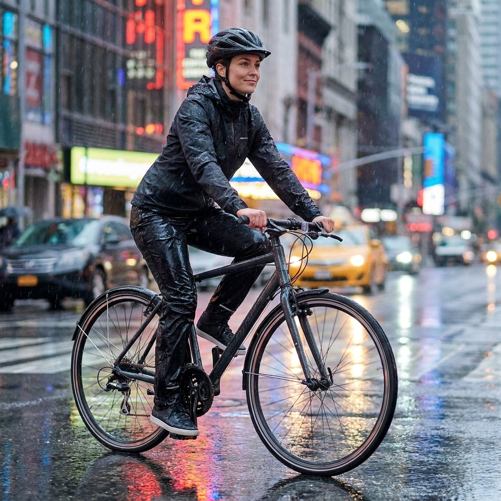 Frau fährt Fahrrad im Regen und trägt die schwarze Basil Regenhose Skane Women Jet Black M auf nasser Straße.