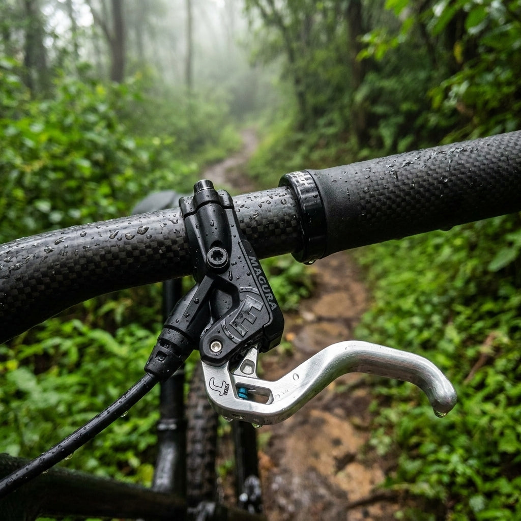 MAGURA MT4 Bremsgriff, 3-Finger Aluminium-Hebel, am nassen MTB-Lenker auf Waldweg. Präzise Kontrolle & zuverlässig.