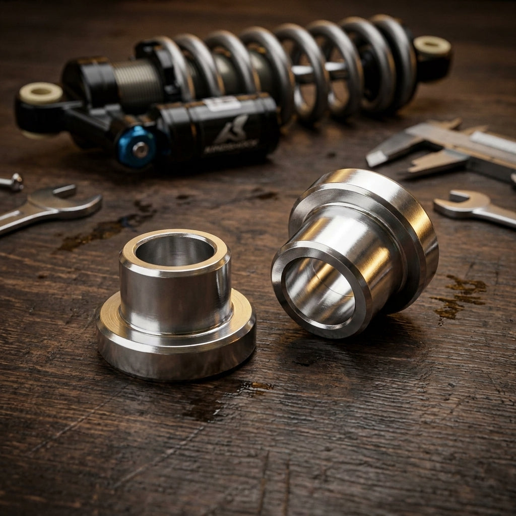 KindShock Paar Alu Buchse Auge Dämpfer 12mm Bohrung 8mm für 35mm Aufbaustärke auf Werkbank.