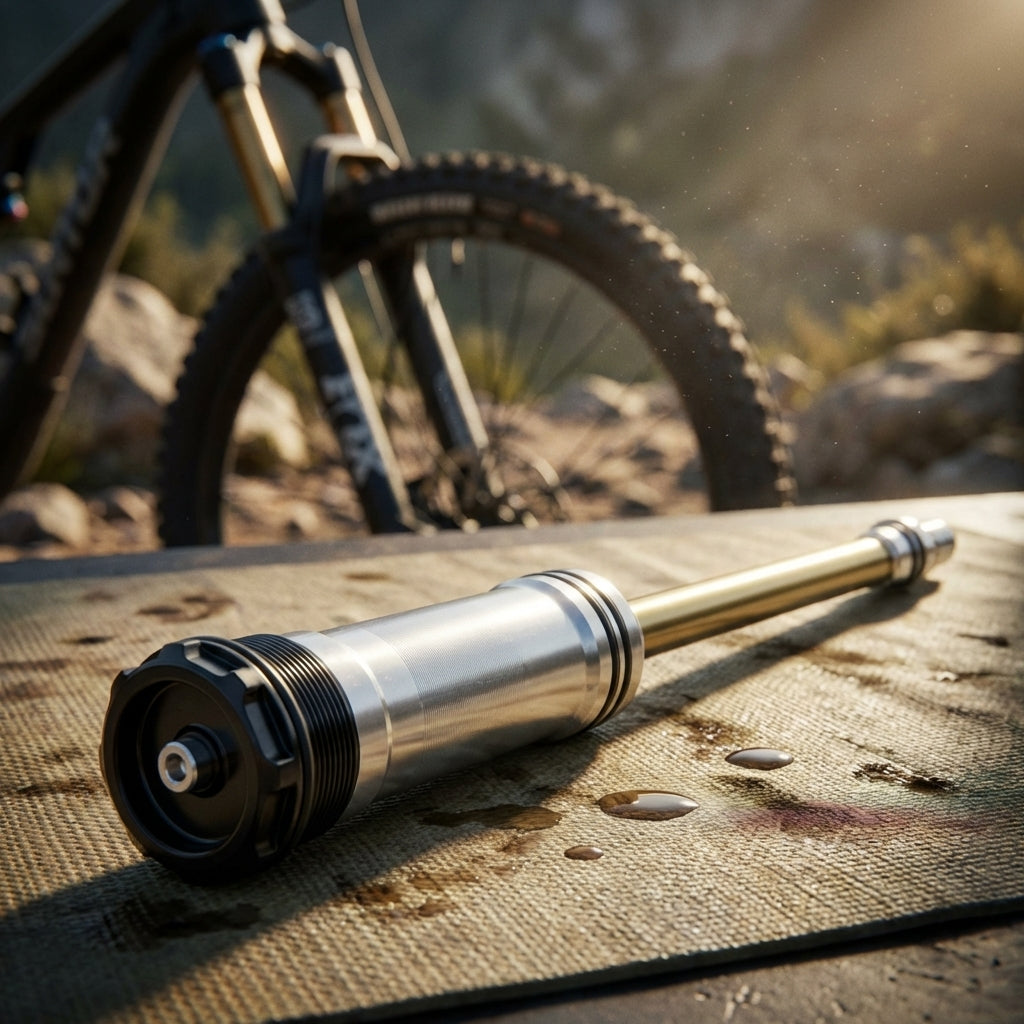 SR Suntour SF17 NRX-S LOR Lock-Out Kartusche für MTB-Federgabel, silber/gold, liegt auf einer Matte vor Mountainbike.