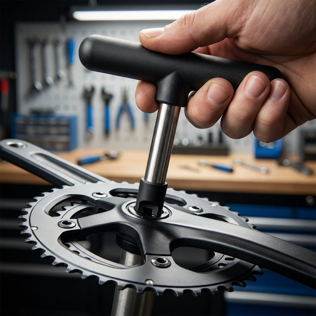Hand verwendet Point Schlüssel für Kettenblattmutter an Fahrrad-Kurbelgarnitur.