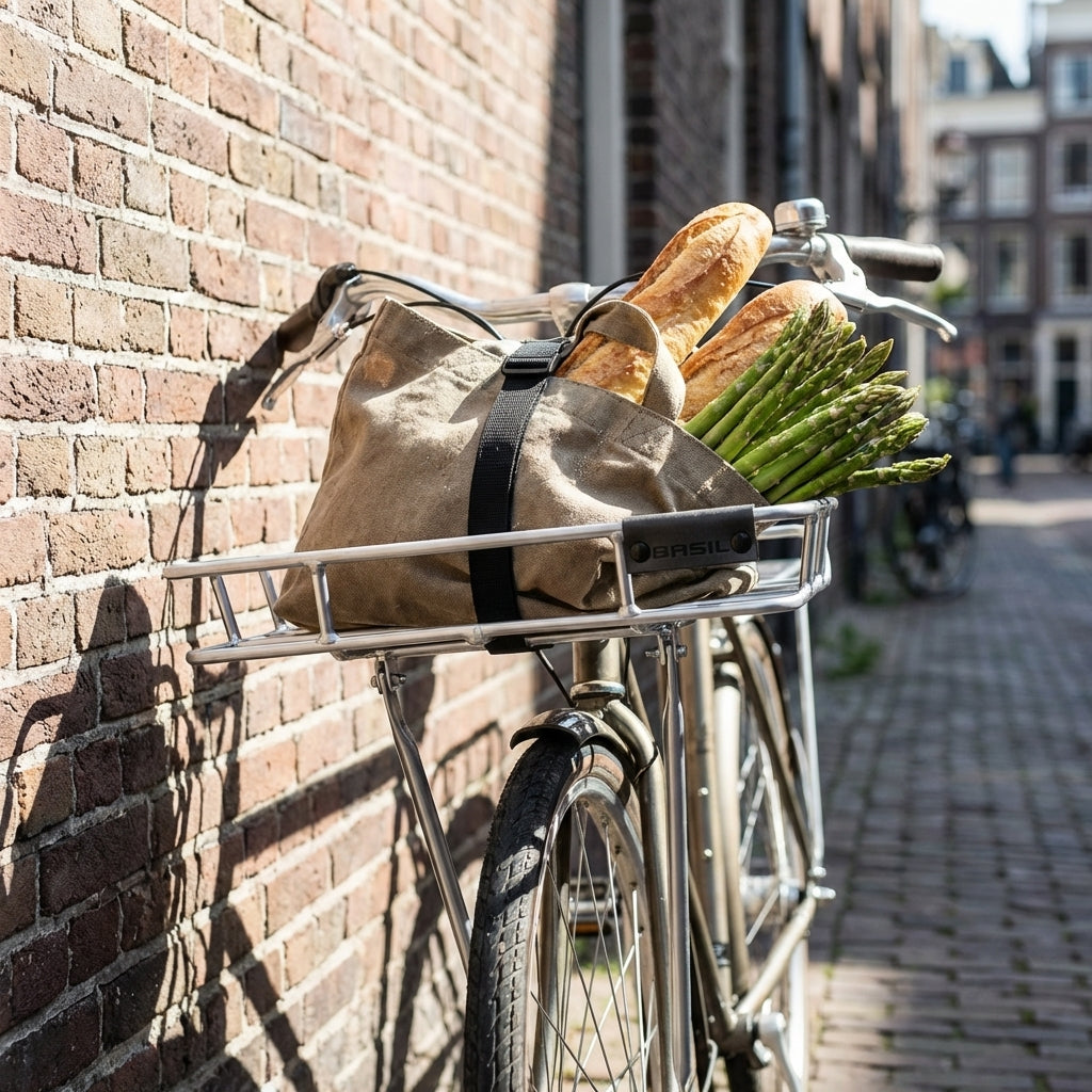 Basil Portland VR Gepäckträger Alu am Fahrrad mit Baguettes und Spargel vor Ziegelwand in der Stadt.