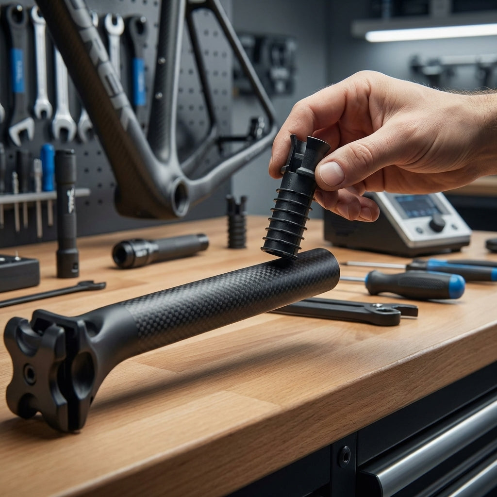 Hand hält innovativen Deda Di2 Batteriehalter über Carbon-Sattelstütze für Shimano Di2 Akku.